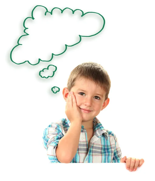 Cute little boy dreaming about something isolated on white, text cloud with space for your text — Stock Photo, Image