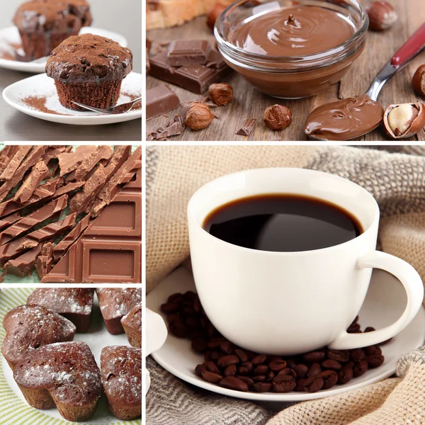 Koffie en chocolade, smakelijke collage — Stockfoto