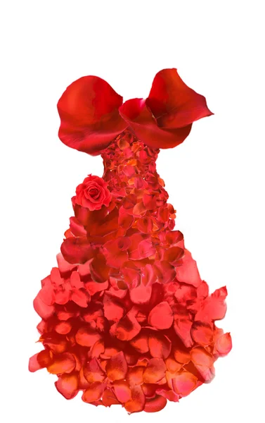 Abito rosso fatto di fiori e petali di fiori isolati su bianco — Foto Stock