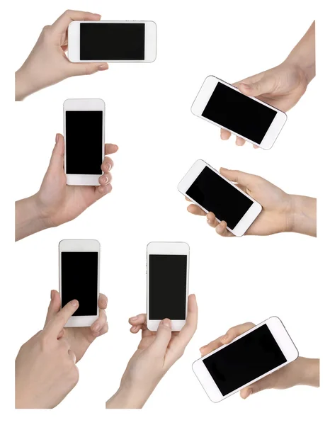 Ręka trzyma telefon inteligentny na białym tle na biały, różne odmiany w kolażu — Zdjęcie stockowe