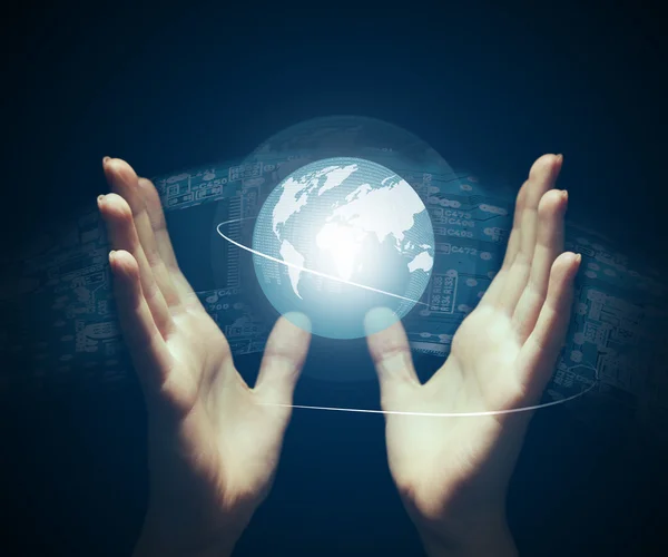 Händer med holografisk projektion, framtiden projicera koncept — Stockfoto
