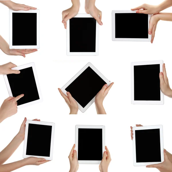 Hand holding tablet pc isolated on white, Different variations in collage — Stock Photo, Image
