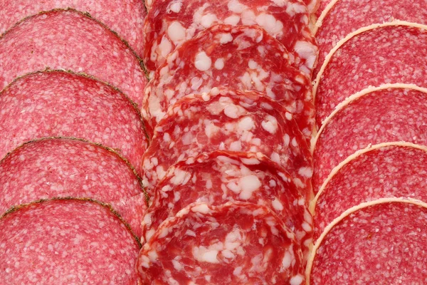 Segmenten van salami, macro weergave — Stockfoto