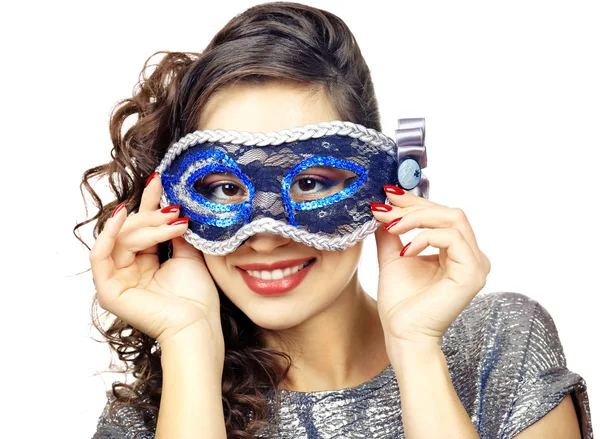 Beautiful girl with masquerade mask isolated on white — Stock Photo, Image