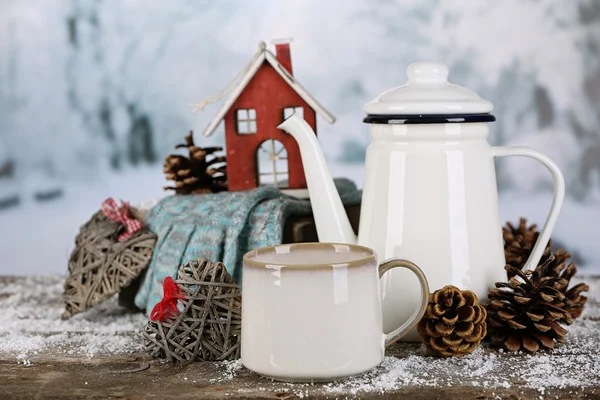 Winter composition with hot beverage on nature background — Stock Photo, Image