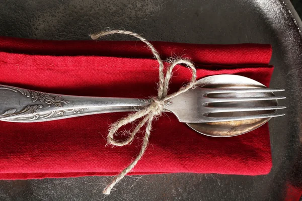 Argento legato con corda su tovagliolo rosso e fondo vassoio di metallo — Foto Stock