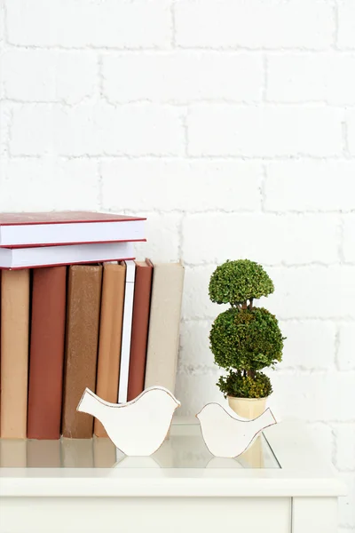 Libros en estante sobre fondo de pared — Foto de Stock