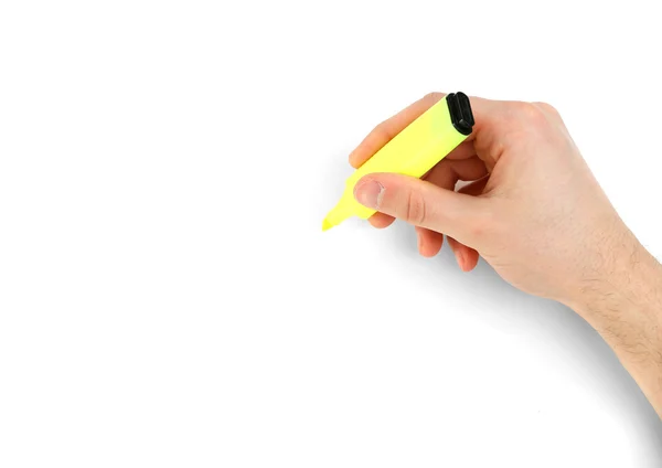 Mão masculina com marcador colorido isolado em branco — Fotografia de Stock