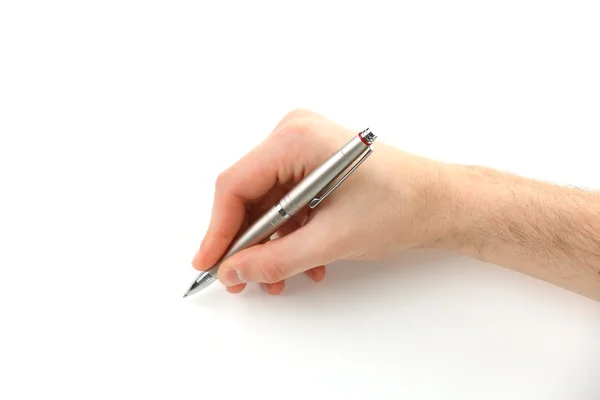 Mannenhand met pen geïsoleerd op wit — Stockfoto