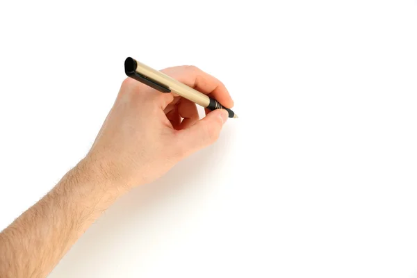 Mano maschile con penna isolata su bianco — Foto Stock
