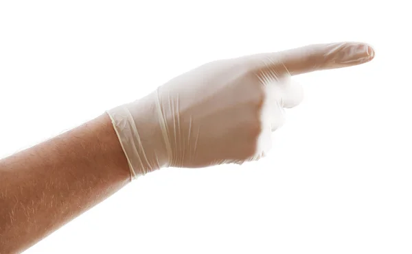 Doctor hand in sterile gloves showing sign, isolated on white background — Stock Photo, Image