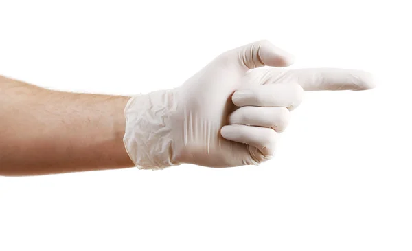 Doctor hand in sterile gloves showing sign, isolated on white background — Stock Photo, Image