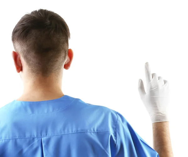 Main de médecin en gants stériles montrant un signe, isolé sur fond blanc — Photo