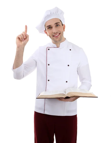 Chef with recipe book in hands isolated on white — Stock Photo, Image