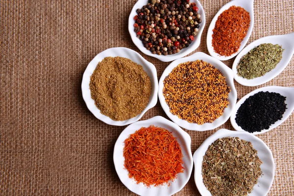 Different kinds of spices in ceramics bowls spoons on sackcloth background — Stock Photo, Image