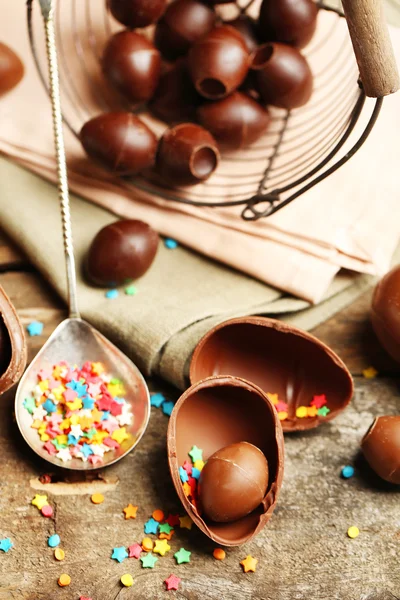 Chocolate Easter Eggs on wooden background — Stock Photo, Image