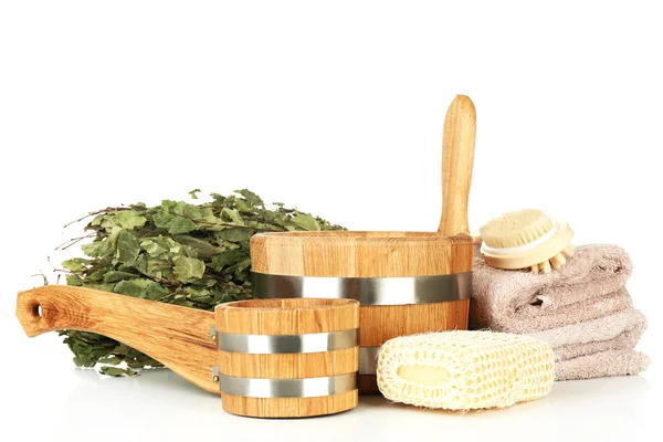 Accessoires voor sauna, geïsoleerd op wit — Stockfoto