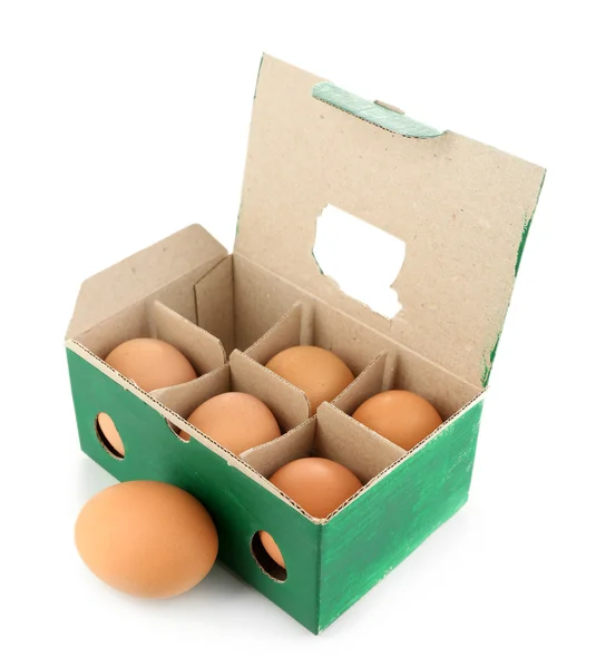Egg box with six brown eggs isolated on white — Stock Photo, Image