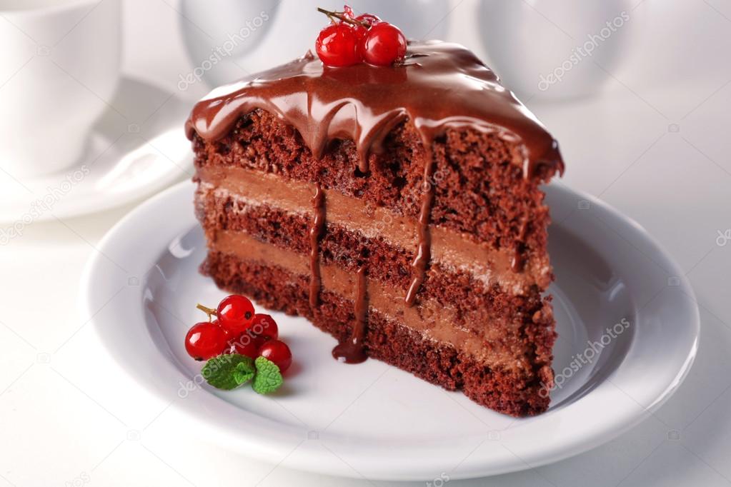 Delicious chocolate cake on plate on table on light background