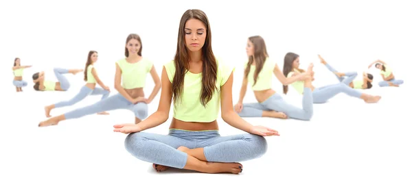 Vrouw doen oefeningen, yoga geïsoleerd op wit, verschillende poses in collage — Stockfoto