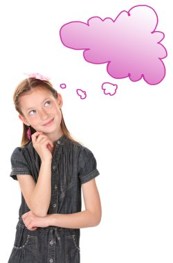 Sevimli kız beyaz, metin bulut, metin için yer ile izole rüya