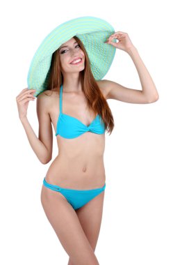 güzel bir genç kadın üzerinde beyaz izole mayo