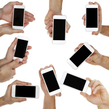 Beyaz, farklı varyasyonlar kolaj üzerinde izole mobil akıllı telefon tutan el