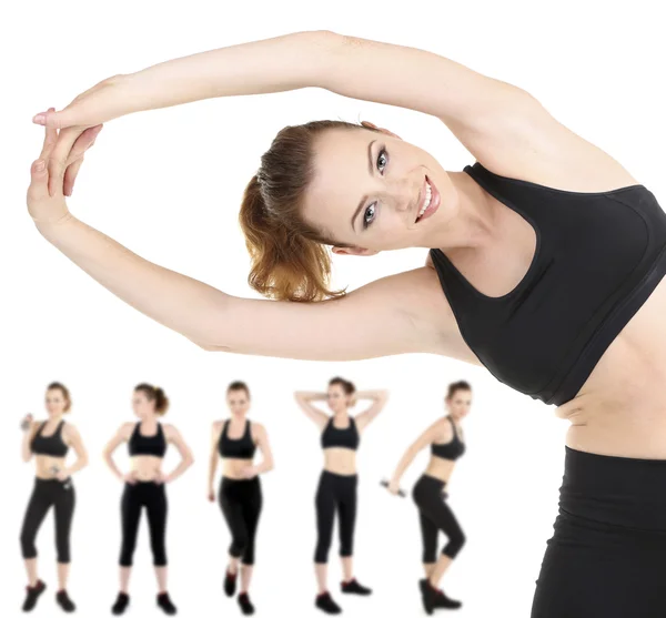 Frau macht Übungen isoliert auf Weiß, verschiedene Posen in Collage — Stockfoto
