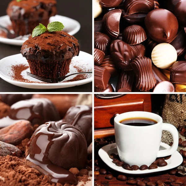 Koffie en chocolade, smakelijke collage — Stockfoto