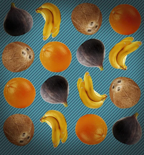 Fondo tropicale con arance, cocco, banane e fichi — Foto Stock
