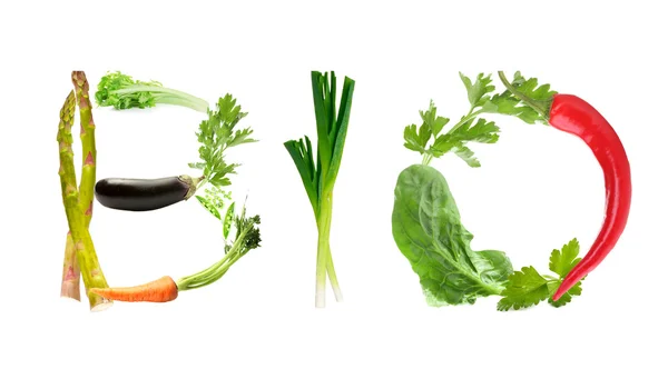 Palabra Bio hecha de verduras aisladas en blanco —  Fotos de Stock
