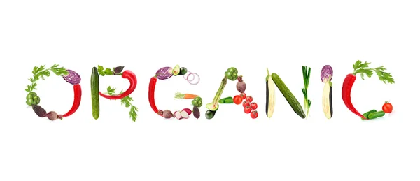 Palavra Orgânica feita de vegetais isolados em branco — Fotografia de Stock