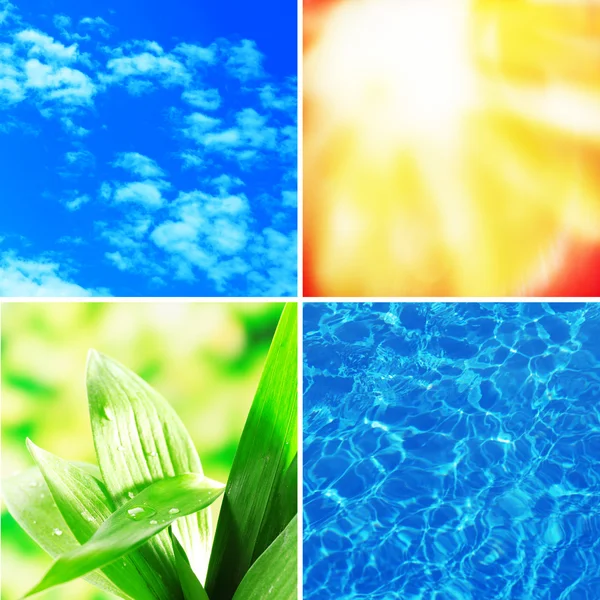 Voda, rostliny, nebe a slunce v koláž, přírodní složky koncept — Stock fotografie