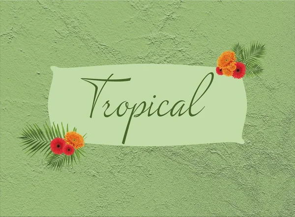 Poster with space for text decorated  with flowers and palm leaves — Stock Photo, Image