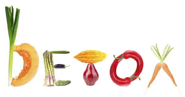 字排毒制成的水果和蔬菜上白色孤立 — 图库照片