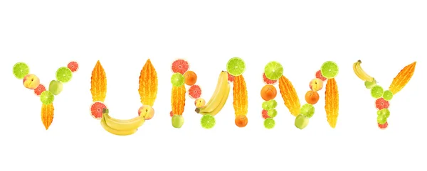 単語おいしい果物を白で隔離の — ストック写真