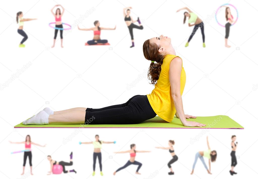 Women doing exercises, yoga isolated on white, different poses in collage