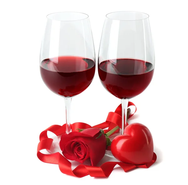 Komposition med rött vin i glas, röd ros, band och dekorativa hjärtan isolerad på vit — Stockfoto