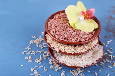 Pirinç kase ahşap arka plan üzerinde farklı türleri