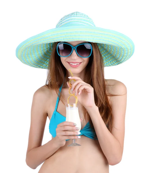 Beautiful young woman in swimsuit with cocktail isolated on white — Stock Photo, Image