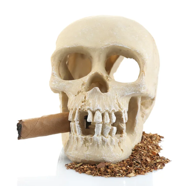 Menschenschädel rauchend mit Zigarre im Mund, isoliert auf weiß — Stockfoto