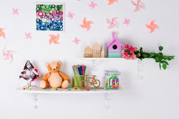 Shelves with toys in child room close-up — Stock Photo, Image