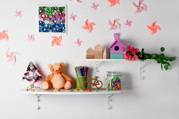 Shelves with toys in child room close-up — Stock Photo, Image