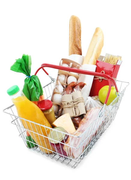 Metal shopping basket with groceries isolated on white — Stock Photo, Image