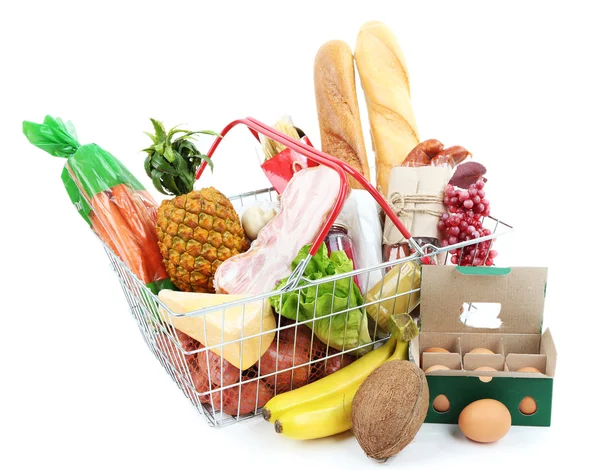 Metal shopping basket with groceries isolated on white — Stock Photo, Image