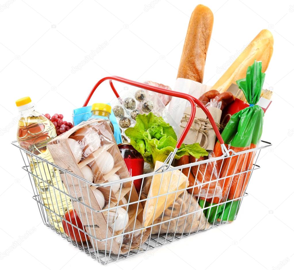 Metal shopping basket with groceries isolated on white