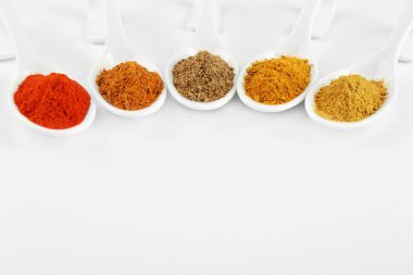 Seramik kaşık beyaz izole baharat çeşitleri