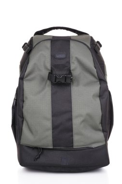 Beyaz izole fotoğrafçı ve sırt çantası