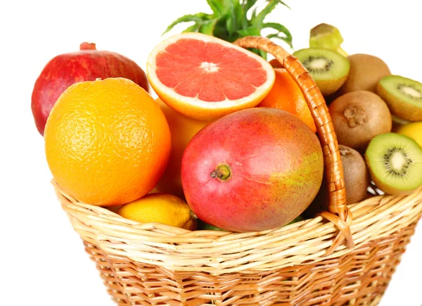 Assortment of fruits in basket isolated on white — Stock Photo, Image