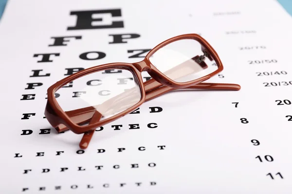 Gafas oculares en el fondo de la tabla de prueba de la vista — Foto de Stock